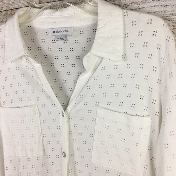 Liz Claiborne Eyelet Roll Cuff Knit Shirt Top Button Up V-Neck - Picture 3 of 12